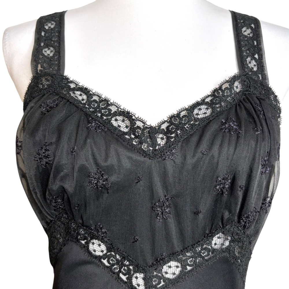 Vintage 60s Whimsigoth Slip Dress S Black Lace Trim V Waist Nightgown Rogers - Picture 6 of 11